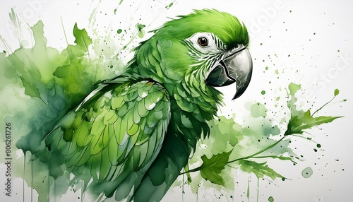 AI-generated color illustration of a green parrot on a white background. 