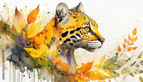 AI-generated color illustration of an
 ocelot on a white background.  photo