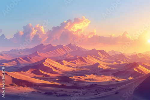 breathtaking desert landscape with rolling sand dunes at sunrise or sunset photo