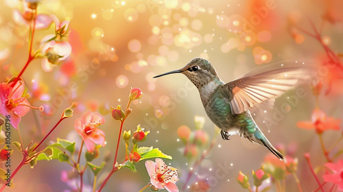 Ethereal Beauty of a Hummingbird in Flight Amongst Blossoming Flowers and Glistening Bokeh