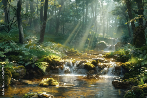 serene forest scene with a sunlit stream and lush greenery