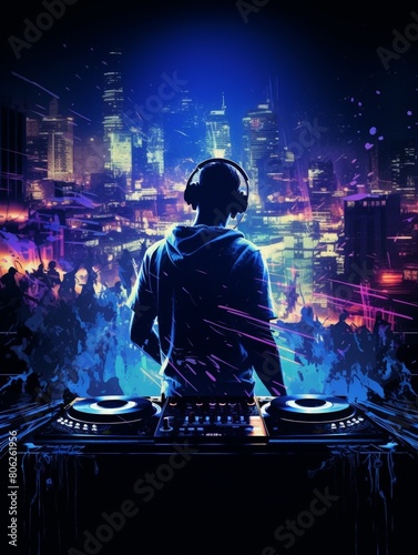 DJ's Silhouette Conjures Vibrant Urban Scene with Sound