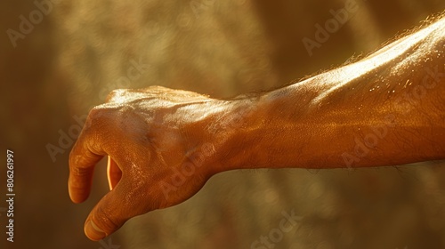 A man's hand reaching out to the sun.