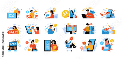 Online shopping. People in phone shop. Sale promotion. Internet store discount. Business delivery. Woman customer making order in smartphone. Mobile application service. Vector flat set