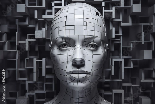 face of female android bio robot, close portrait, concept of cybernetics and biomechanics and robotics of future photo