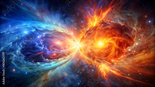 A fantastical collision of galaxies, bursting with colors from blue to orange. Ideal for use as abstract covers, wall art, and digital backgrounds.