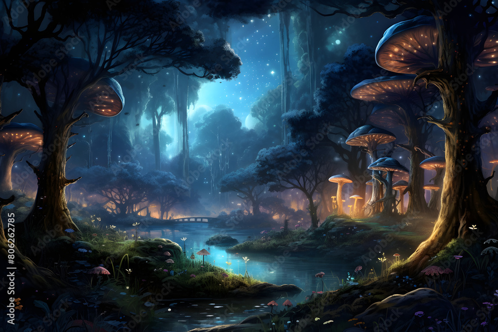illustrated magical forrest, beautiful trippy colors magical vibe fairytale forrest