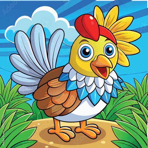 sunny day, blue sky, on a farm there is a chicken with a feather sticking out of its wing