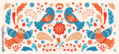 Scandinavian pattern. Folklore bird motif. Swedish or Norway vintage animal ornament. Hugge flower and summer art. Blossoms and leaves. Fantasy songbirds. Folk sparrows. Vector background