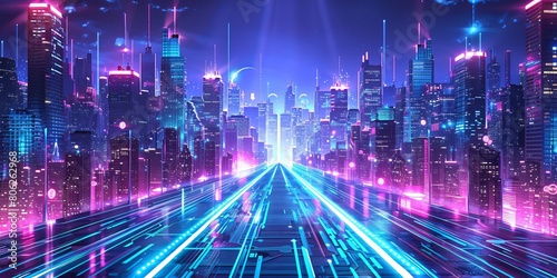 Sci-fi Cityscape with Purple and Cyan Neon lights. Night scene with Visionary Architecture.