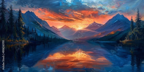 Mountain lake reflection at sunset