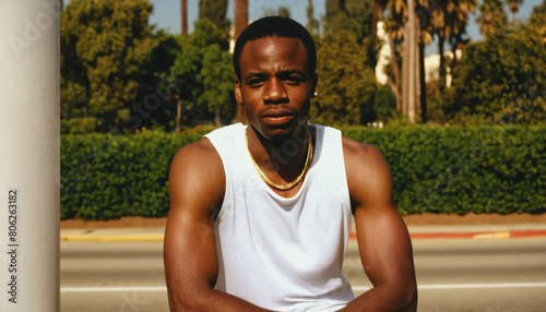 photo of black person man with white tank top in neighborhood ,generative AI