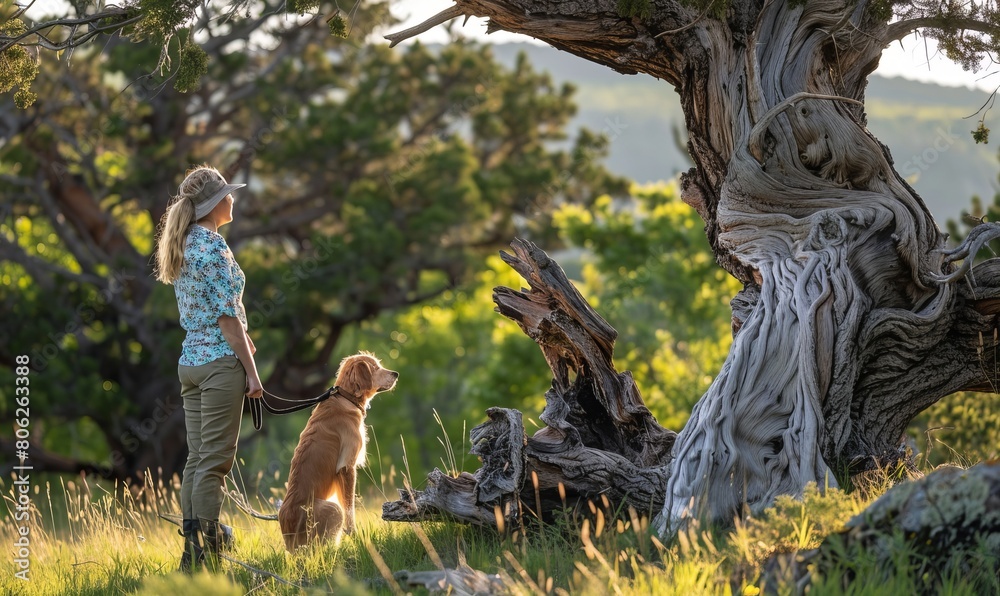 A woman and her dog examine a large Alligator Bark Juniper tree A woman and her dog examine a large Alligator Bark Juniper tree