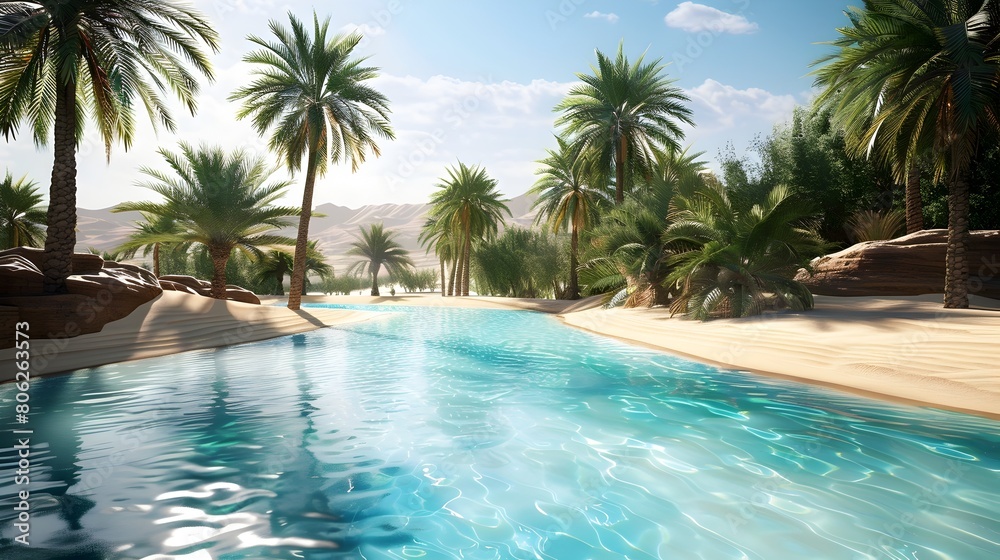 Desert Oasis Paradise Serene Escape with Palm Trees and Refreshing Pool
