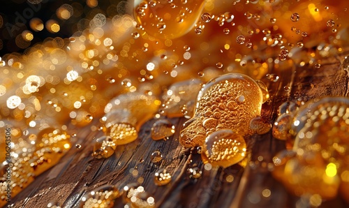 Macro shot of golden bubbles of longleaf pine resin on the outside of a turpentine barrel photo