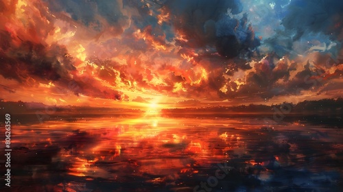 Fiery Sunset Reflections in a Tranquil Lake