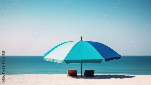 blue umbrella paired with a lounge chair  inviting relaxation. Positioned on pristine white sands against a clear sky