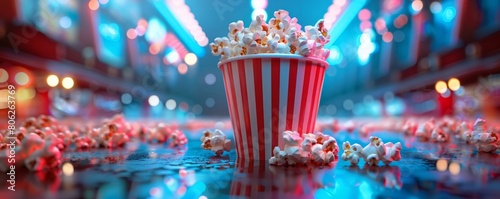 Close up image of a red and white striped popcorn cup with lots of popcorn in a movie theater generative AI photo
