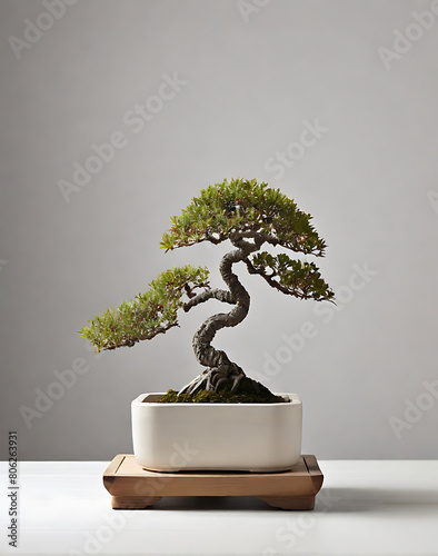 An empty white wooden square pot with mini bonsai sits in the center of the picture.