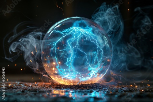 A glowing blue sphere with a blue lightning bolt in the center