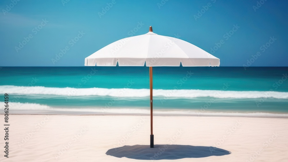 A white beach umbrella stands out against the azure waters and sandy shores, creating a lively and inviting scene
