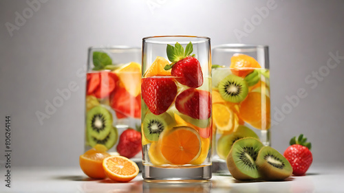 Arranged strawberry, orange, lemon, kiwi, drink in clear glass.