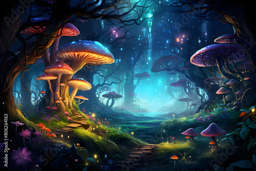 illustrated magical forrest, beautiful trippy colors magical vibe fairytale forrest