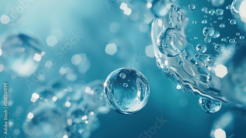 A group of oxygen transparent carbonated blue bubbles floating on a watery gel blue surface. Pure vitality cosmetic background.