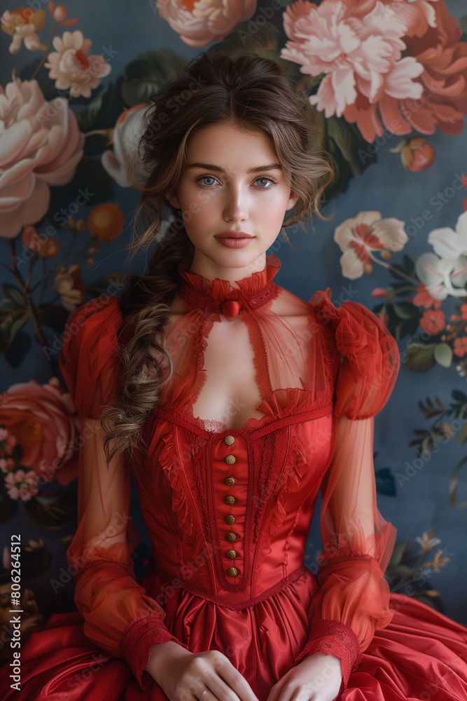 Model wears a red dress from the Victorian era for a portrait shoot.