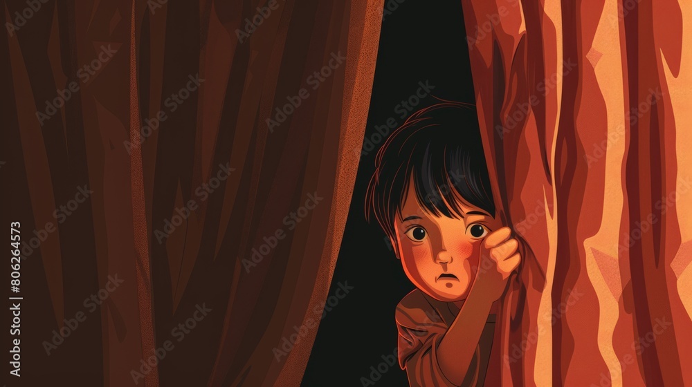 Illustrated concept of a young boy peeking from behind curtains, representing the unseen witnesses of domestic abuse. The silent impact on children