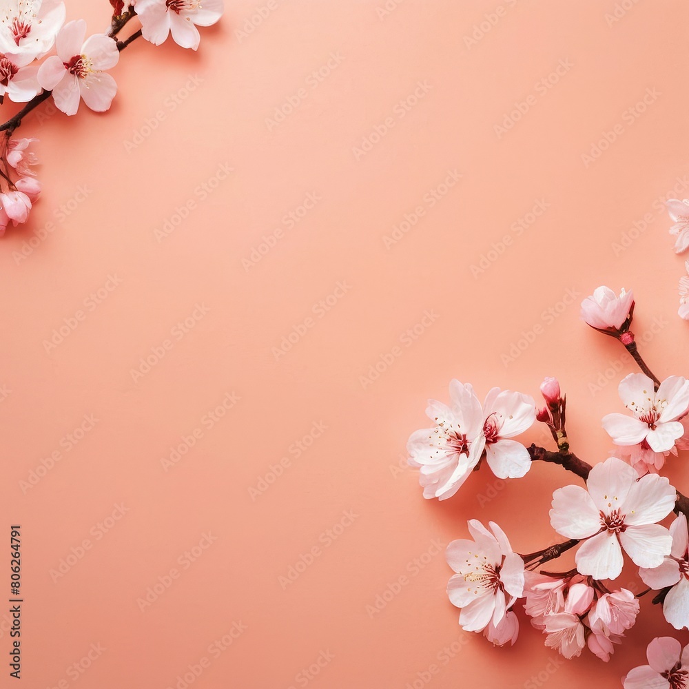 Obraz premium Beautiful cherry flowers, on a soft peach background, Sakura flowers, Flat lay, greeting cards, print, pattern for fabrics, Advertising of cosmetics or perfumes. top view, copy space