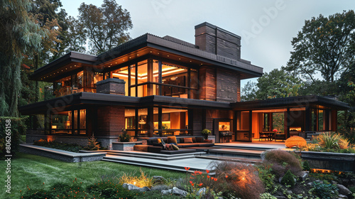 A contemporary craftsman house with a flat roof, large windows, and a minimalist exterior design. © Laraib
