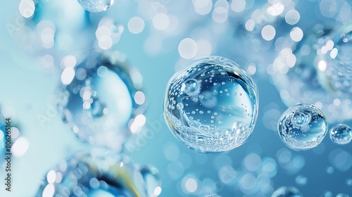 A group of oxygen transparent carbonated blue bubbles floating on a watery gel blue surface. Pure vitality cosmetic background.