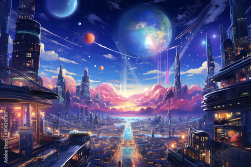 illustrated future scifi space town with beautiful colors