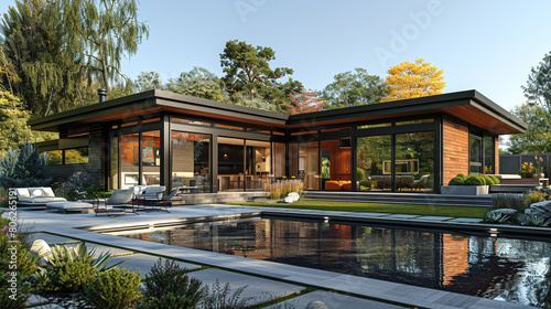 A contemporary craftsman house with a flat roof  large windows  and a minimalist exterior design.