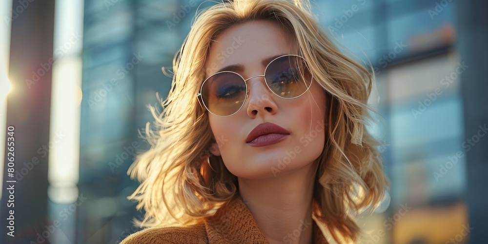 Focused woman with blonde hair and sunglasses in the head