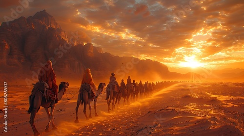 A caravan of camels trekking through a vast desert landscape at dusk.