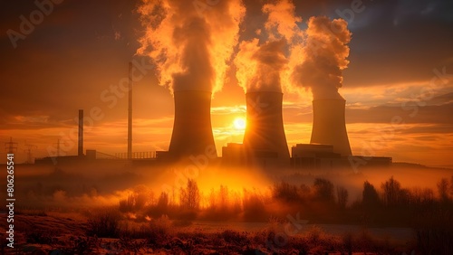Morning sun illuminates serene nuclear power plant with billowing towers. Concept Nuclear Power Plant, Morning Sunlight, Industrial Landscape, Billowing Towers, Serene Atmosphere