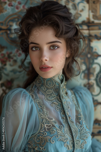 Model wears a blue dress from the Victorian era for a portrait shoot.