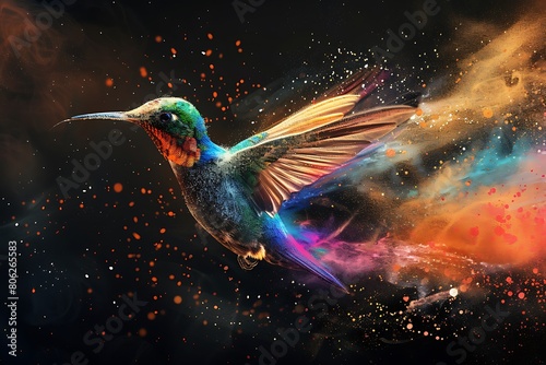 A hummingbird made of colorful powder flying in the air against a dark background