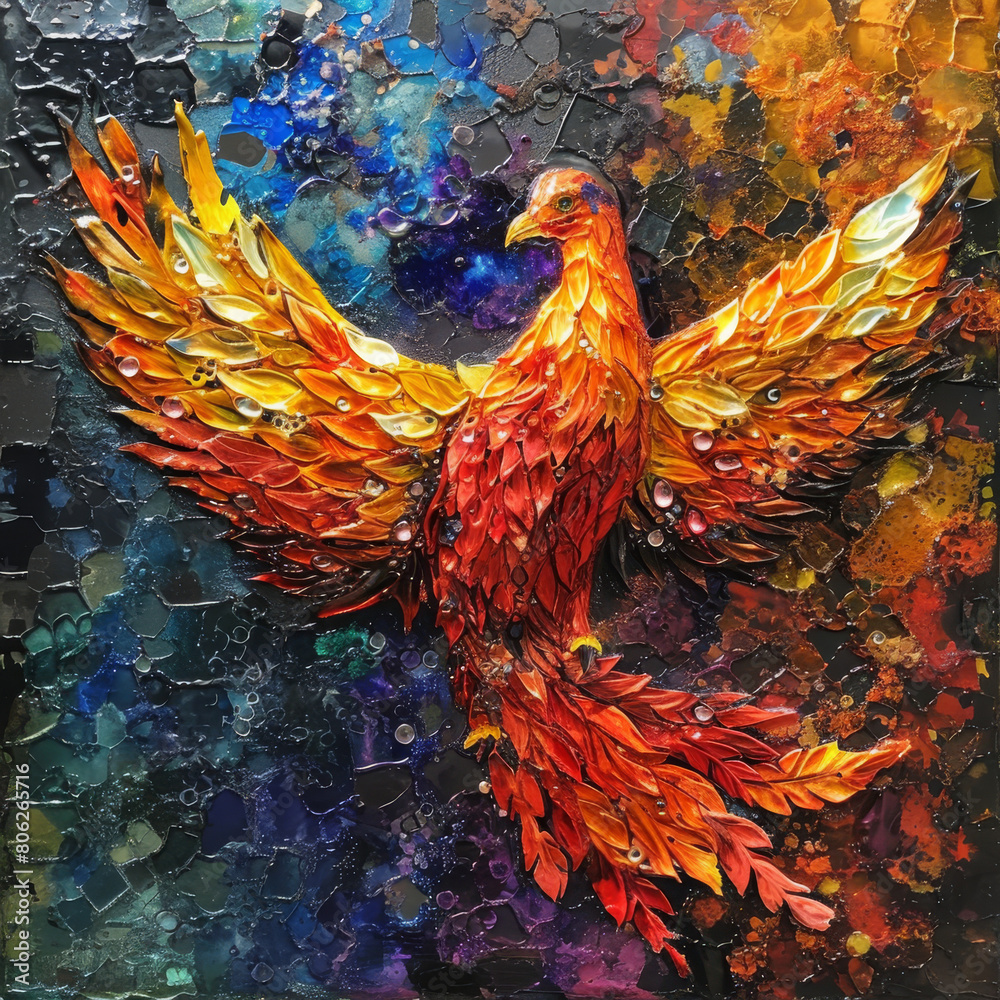 Fototapeta premium Mosaic Artwork of a Fiery Phoenix Rising