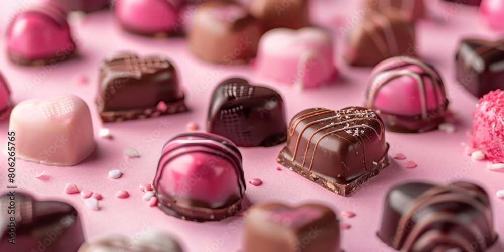 Heart Shaped Chocolates on a Pink Surface. Heart Shaped Chocolates on a Pink Surface.