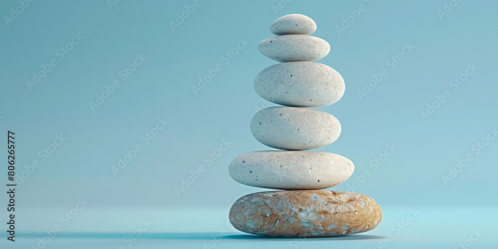 White sea pebble stone stack on light blue background. White sea pebble stone stack on light blue background.