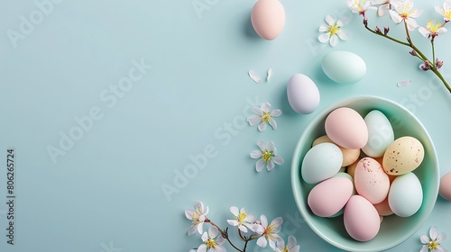 Beautiful flowers with Easter eggs on bright blue background Copy space. Space for text Generative AI.                                                                                                                       Generative AI   