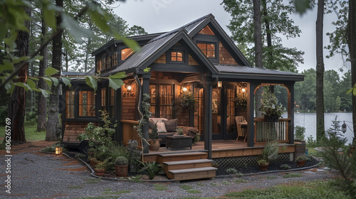 A craftsman-style tiny house with a charming front porch  natural wood accents  and a cozy interior.