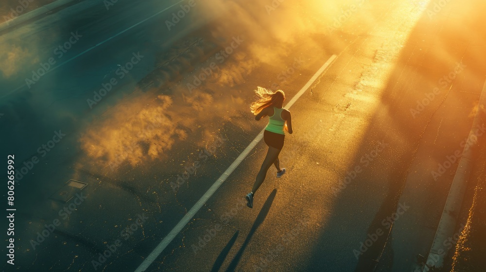 Best-seller: A female runner in full stride against the morning light, running on a dotted road line, exuding energy and vitality