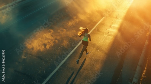 Best-seller: A female runner in full stride against the morning light, running on a dotted road line, exuding energy and vitality photo