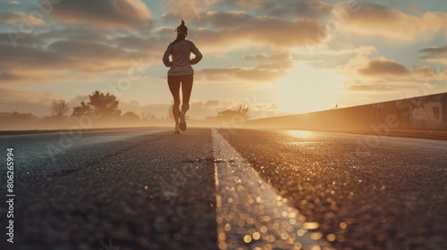 Best-seller: A female runner in full stride against the morning light, running on a dotted road line, exuding energy and vitality photo