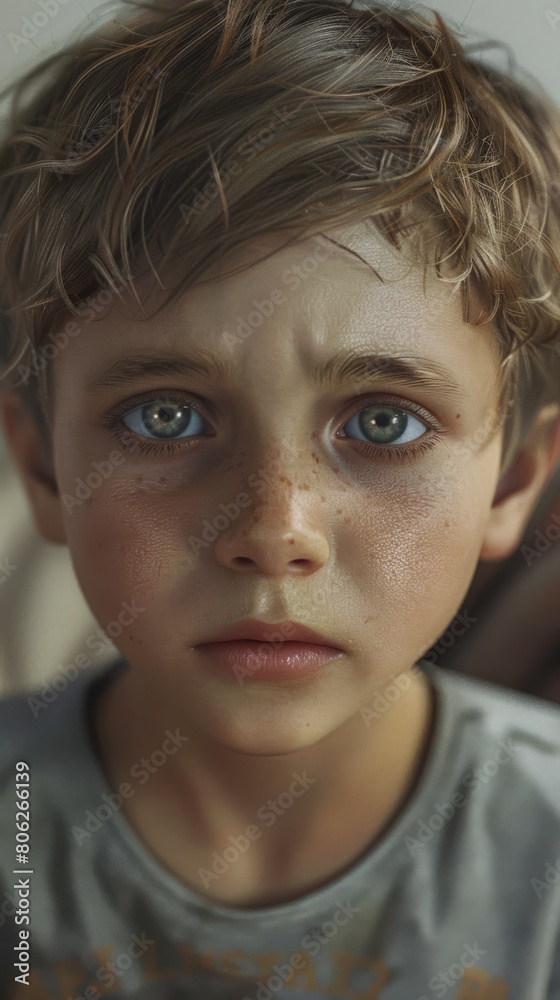 Realistic portrait of a young boy with intense gaze, reflecting on the impacts of domestic abuse Realistic portrait of a young boy with intense gaze, reflecting on the impacts of domestic abuse