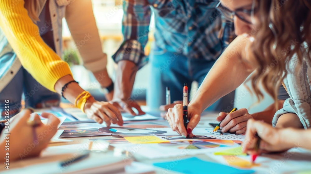 Fototapeta premium Energetic visuals of teamwork: colleagues strategizing, problem-solving, the synergy of minds igniting solutions and driving progress forward.